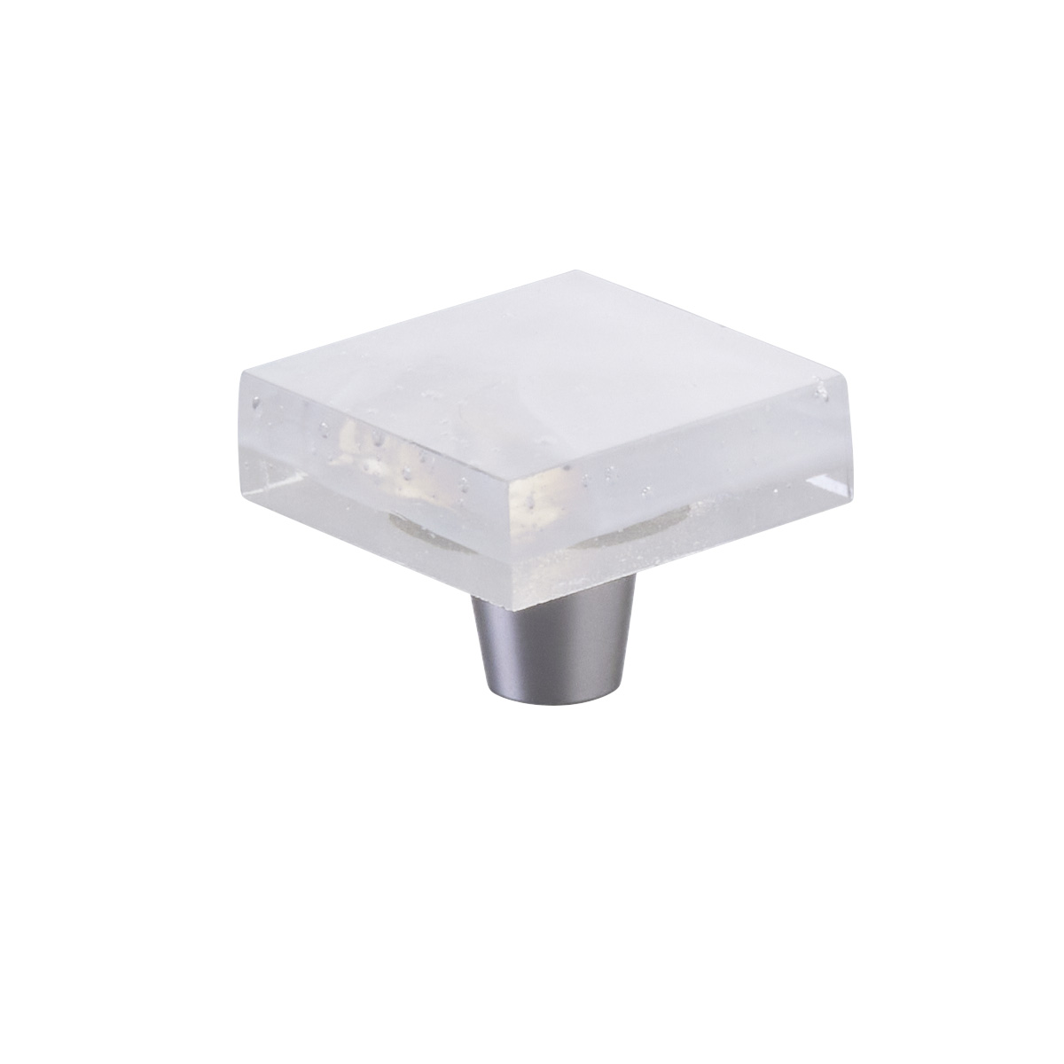Schaub and Company Fused Glass, Small Square Knob 1-1/2" Dia, Translucent White, Conical Stem, Brushed Stainless Steel