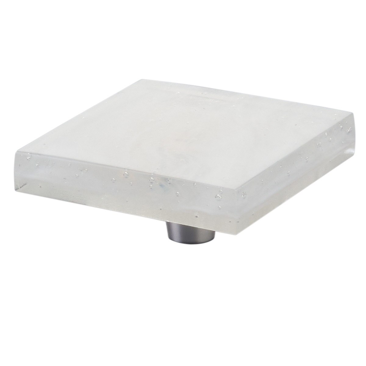 Schaub and Company Fused Glass, Large Square Knob 2-1/2" Dia, Translucent White, Conical Stem, Brushed Stainless Steel