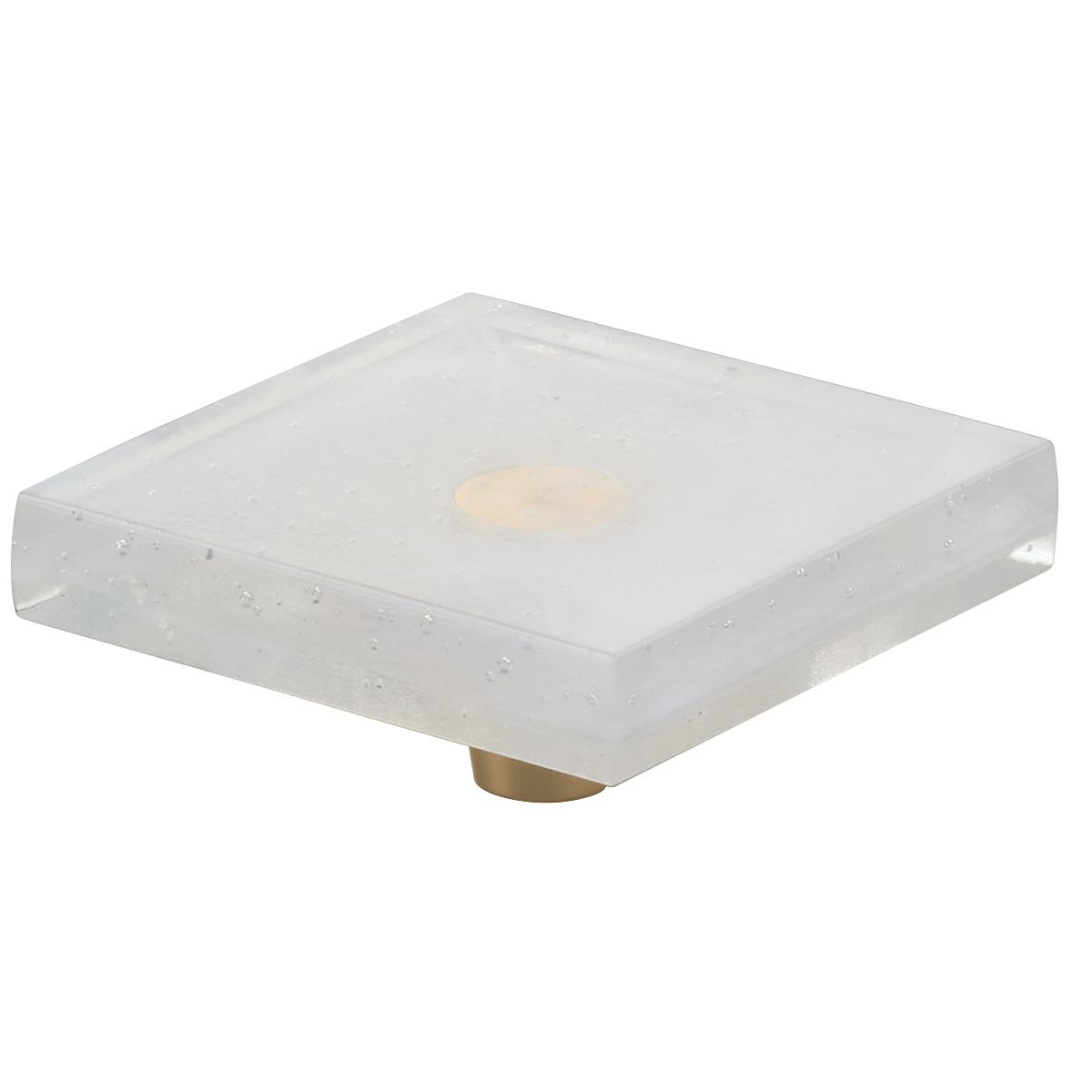 Schaub and Company Fused Glass, Large Square Knob 2-1/2" Dia, Translucent White, Conical Stem, Gold