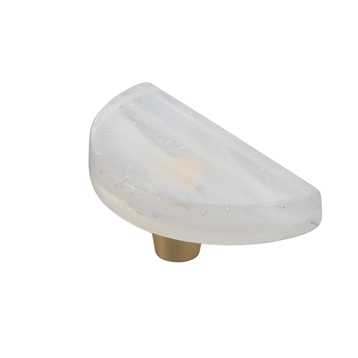 Schaub and Company Fused Glass, Half Moon Knob 3" Dia, Translucent White, Conical Stem, Gold