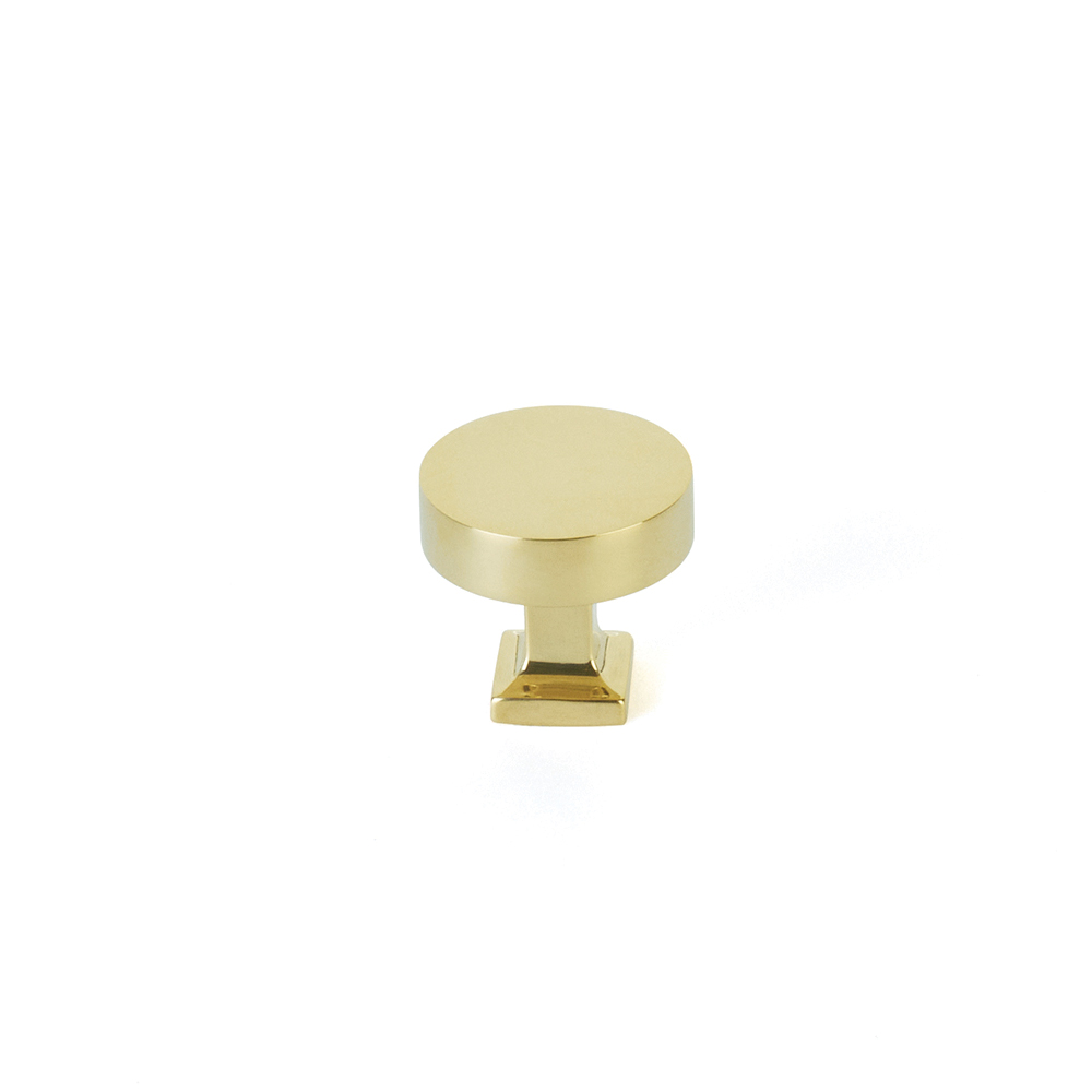 Schaub and Company Haniburton, Round Knob with Square Base, Unlacquered Brass, 1-1/4"