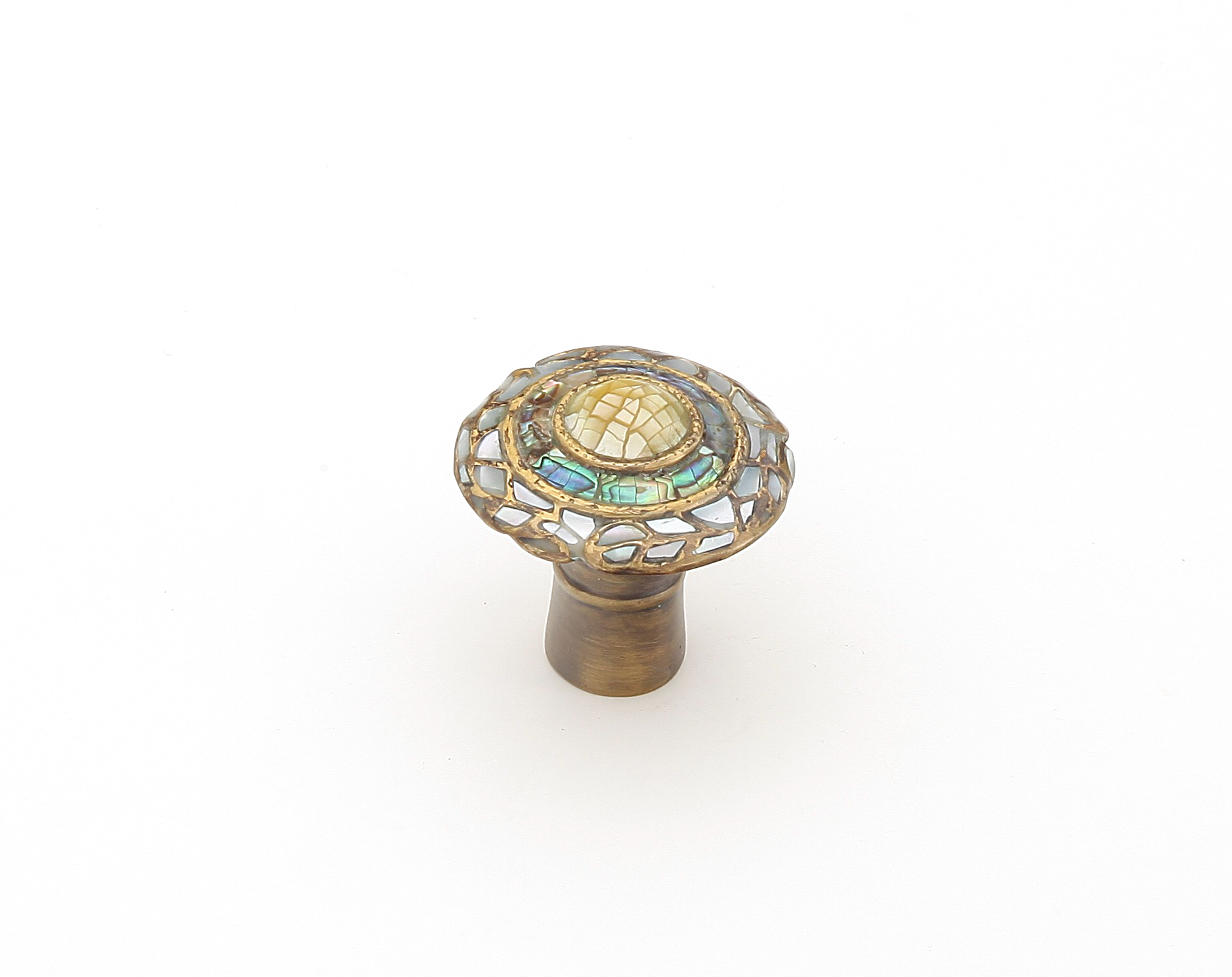 Schaub and Company Fair Isle, Round Knob, 1" dia, Imperial Shell, White and Yellow Mother of Pearl inlaid on Solid Brass, Aged Dover Finish