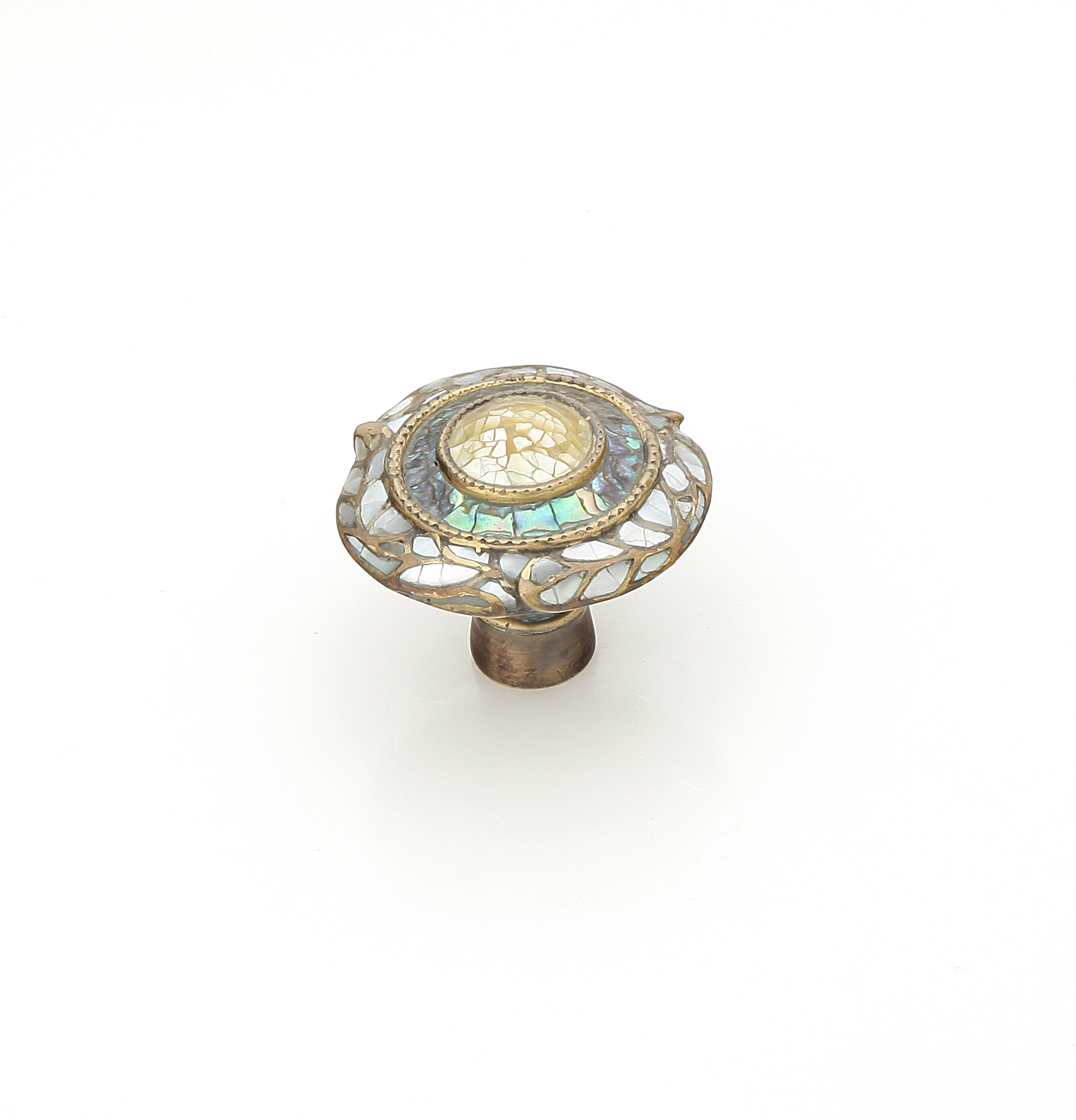 Schaub and Company Fair Isle, Round Knob, 1-1/2" dia, Imperial Shell, White and Yellow Mother of Pearl inlaid on Solid Brass, Aged Dover Finish