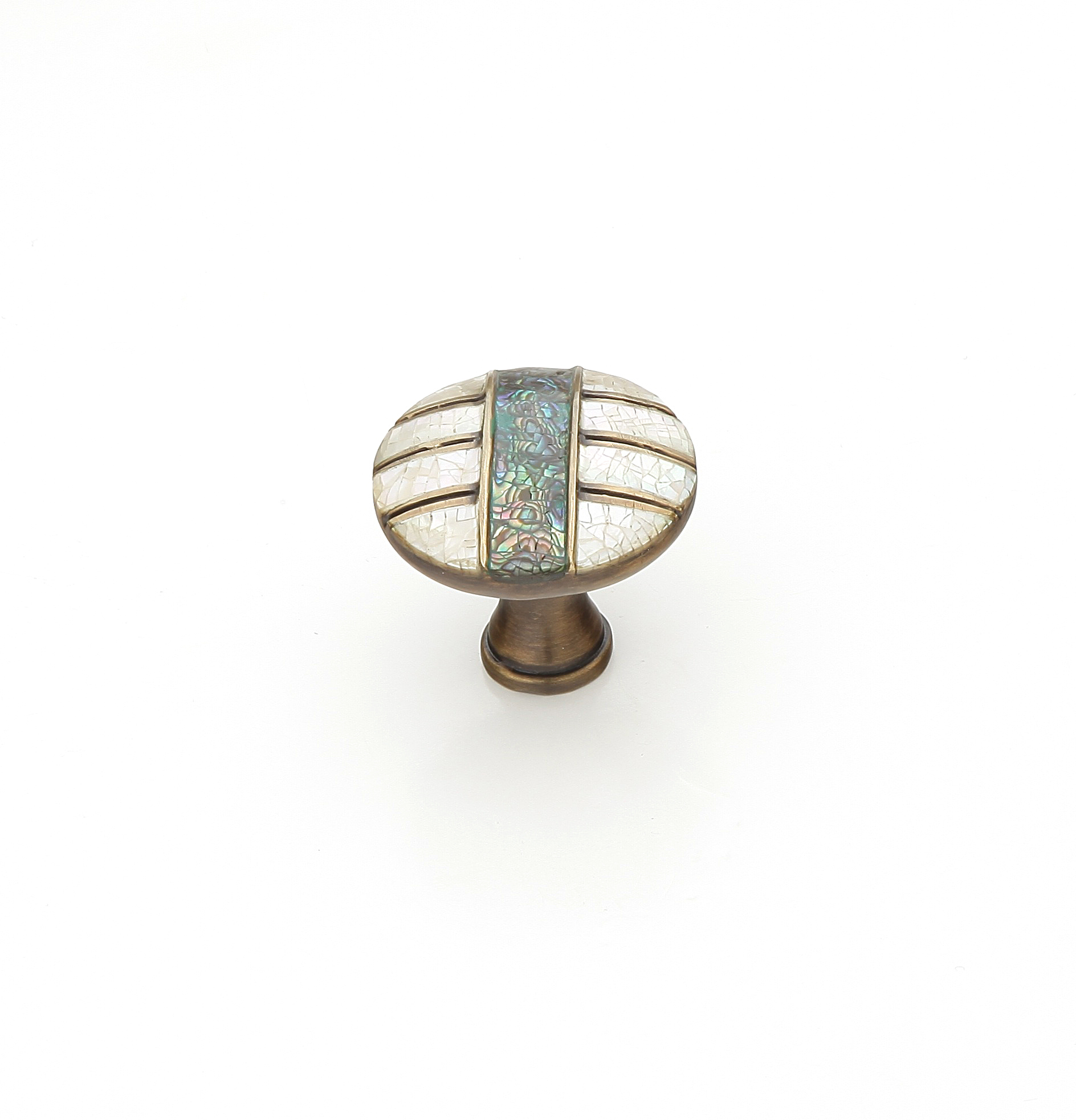 Schaub and Company Fair Isle, Round Knob, Imperial Shell and Mother of Pearl inlaid on Solid Brass, Aged Dover Finish