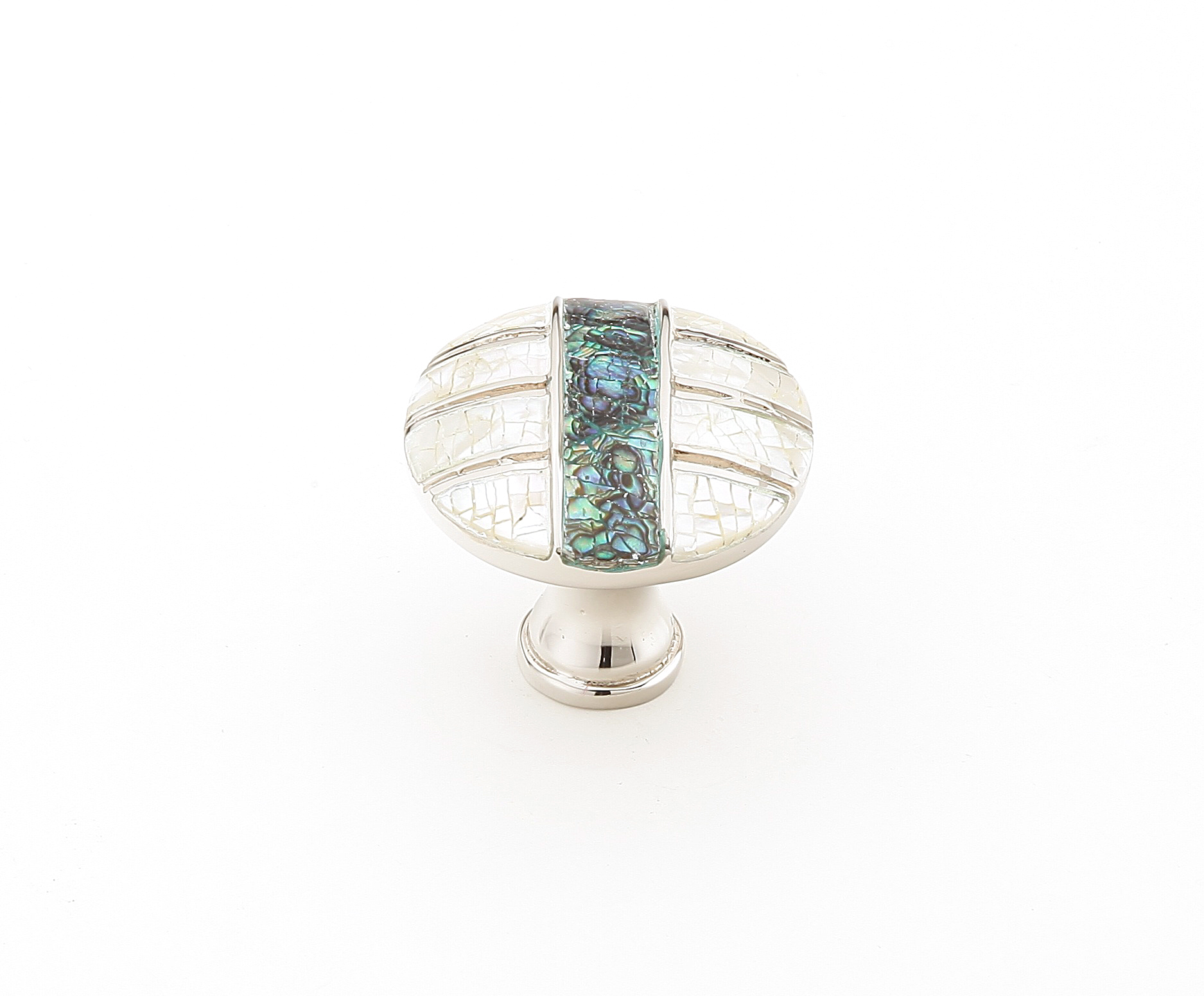 Schaub and Company Fair Isle, Round Knob, Imperial Shell and Mother of Pearl inlaid on Solid Brass, Polished Nickel Finish