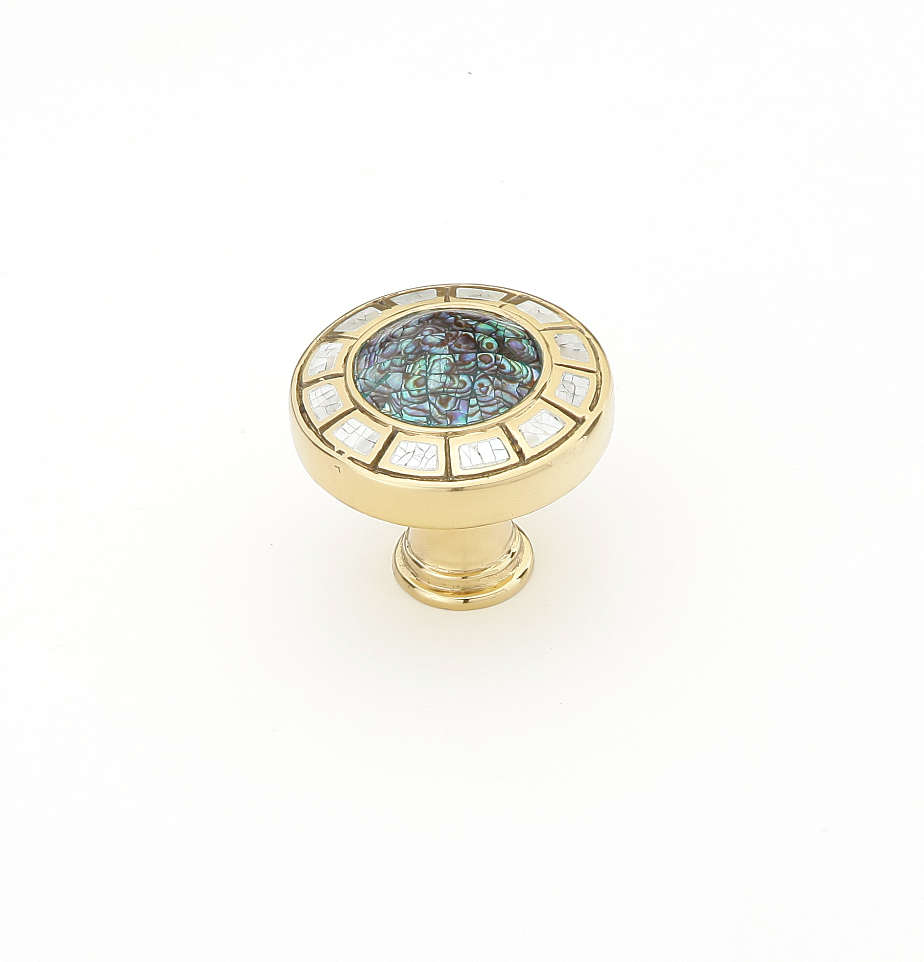 Schaub and Company Fair Isle, Round Knob, Imperial Shell and Mother of Pearl inlaid on Solid Brass, Polished Brass Finish