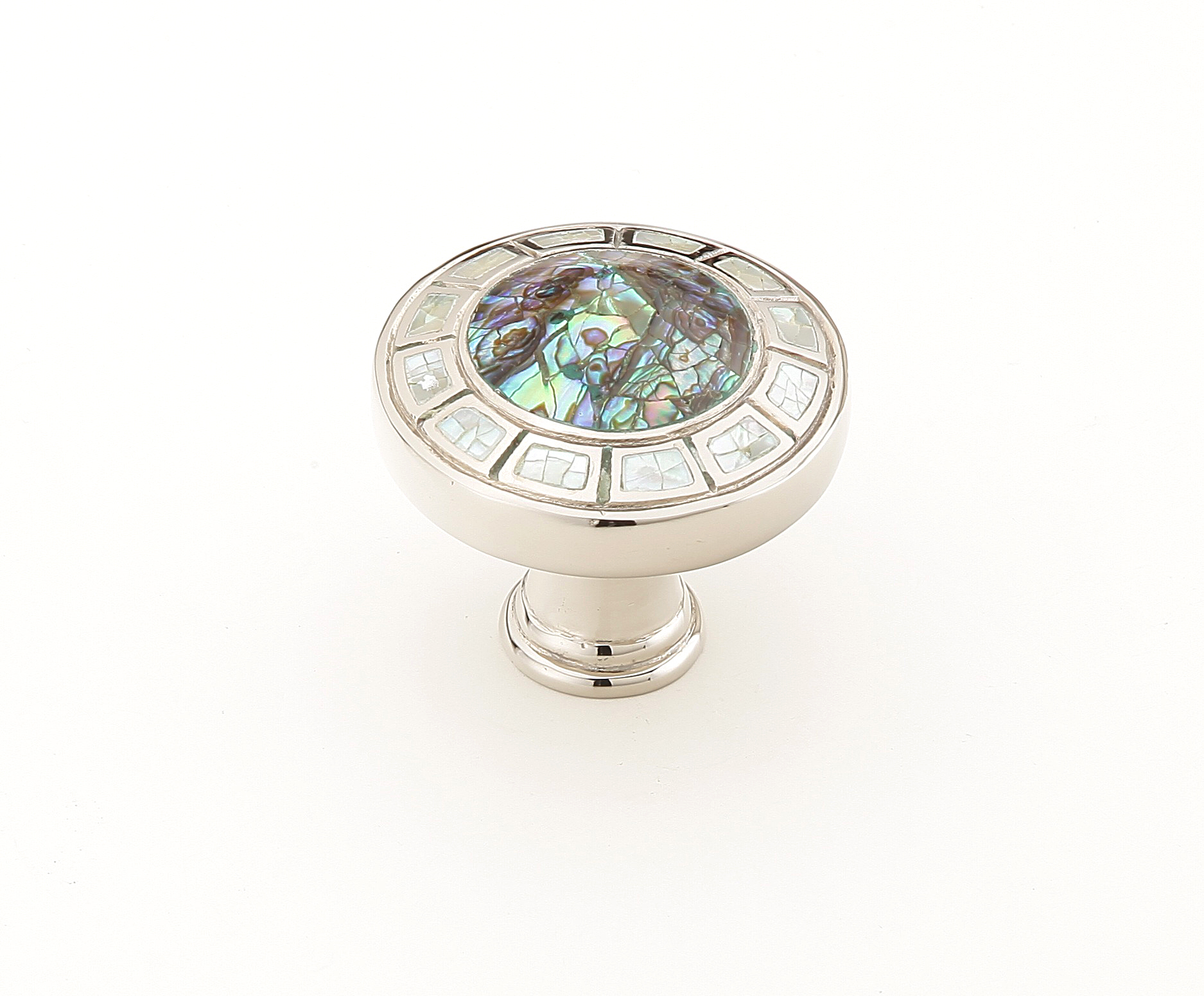 Schaub and Company Fair Isle, Round Knob, Imperial Shell and Mother of Pearl inlaid on Solid Brass, Polished Nickel Finish