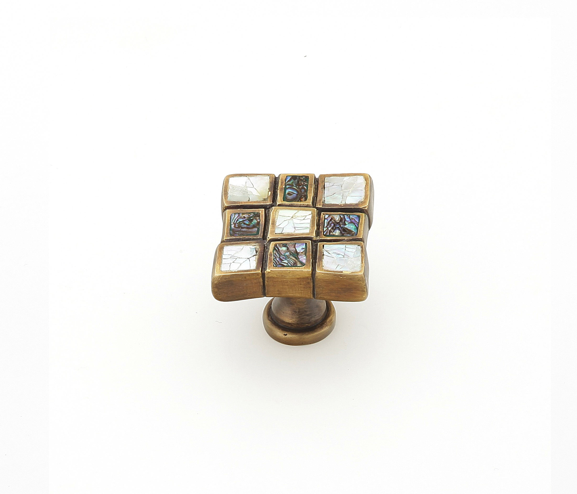 Schaub and Company Avalon Bay, Square Knob, 9 sections, Imperial Shell and Mother of Pearl inlaid on Solid Brass, Estate Dover Finish