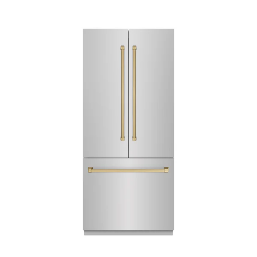 ZLINE ZLINE Autograph Edition 36 in. 19.6 cu. ft. French Door Built-In Bottom Freezer Refrigerator with Water Dispenser and Ice Maker in Stainless Steel with Stainless Steel Interior and Champagne Bronze Accents