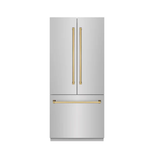 ZLINE ZLINE Autograph Edition 36 in. 19.6 cu. ft. French Door Built-In Bottom Freezer Refrigerator with Water Dispenser and Ice Maker in Stainless Steel with Stainless Steel Interior and Polished Gold Accents