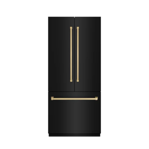 ZLINE ZLINE Autograph Edition 36 in. 19.6 cu. ft. French Door Built-In Bottom Freezer Refrigerator with Water Dispenser and Ice Maker in Black Stainless Steel with Stainless Steel Interior and Champagne Bronze Accents