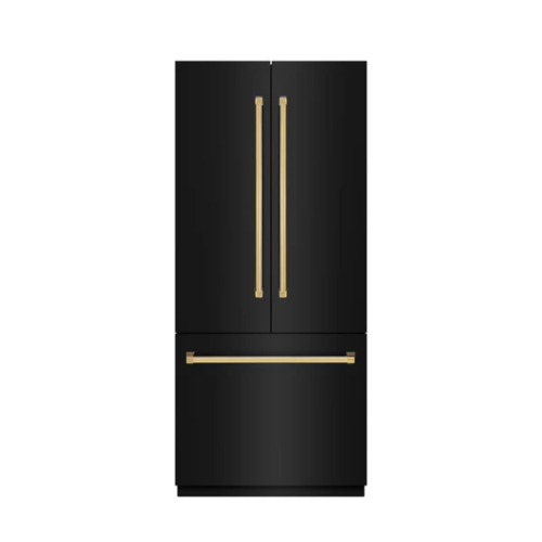 ZLINE ZLINE Autograph Edition 36 in. 19.6 cu. ft. French Door Built-In Bottom Freezer Refrigerator with Water Dispenser and Ice Maker in Black Stainless Steel with Stainless Steel Interior and Polished Gold Accents