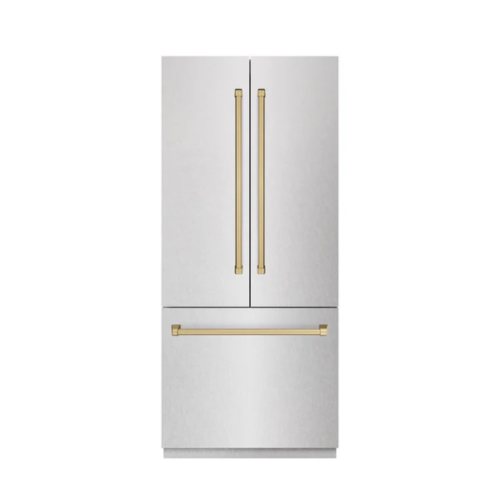ZLINE ZLINE Autograph Edition 36 in. 19.6 cu. ft. French Door Built-In Bottom Freezer Refrigerator with Water Dispenser and Ice Maker in Satin Stainless Steel with Stainless Steel Interior and Champagne Bronze Accents