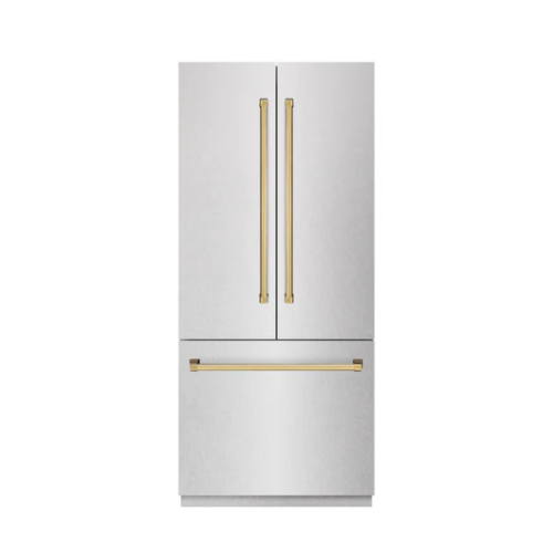 ZLINE ZLINE Autograph Edition 36 in. 19.6 cu. ft. French Door Built-In Bottom Freezer Refrigerator with Water Dispenser and Ice Maker in Satin Stainless Steel with Stainless Steel Interior and Polished Gold Accents