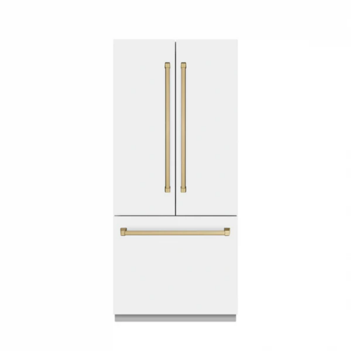 ZLINE ZLINE Autograph Edition 36 in. 19.6 cu. ft. French Door Built-In Bottom Freezer Refrigerator with Water Dispenser and Ice Maker in White Matte with Stainless Steel Interior and Polished Gold Accents