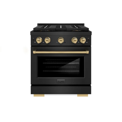 ZLINE ZLINE Autograph Edition 30 in. 4.2 cu. ft. Paramount Dual Fuel Range with 4 Burner DuoPro Cooktop and Electric Convection Oven in Black Stainless Steel and Champagne Bronze Accents