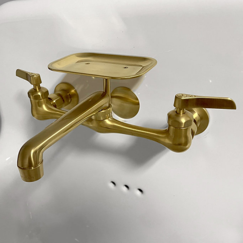 Nantucket Sinks Victorian Collection - Satin Brushed Brass Finish Wallmount Sink Faucet with Soap Dish (2 Hole/8" Spread)