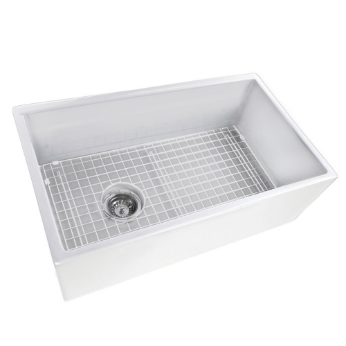Nantucket Sinks Cape Collection - 30 Inch White Fireclay Farmhouse Sink Offset Drain with Grid