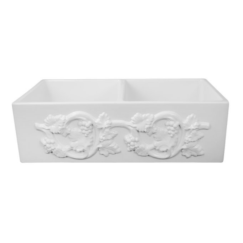 Nantucket Sinks Vineyard Collection - 33 Inch Double Bowl Farmhouse Fireclay Sink with Grape Vine Apron